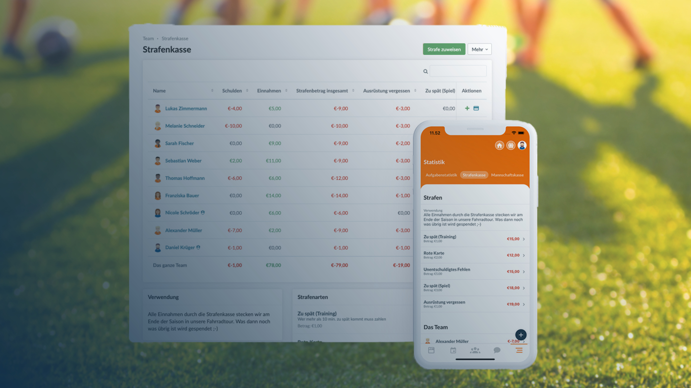 Strafenkasse in SportMember: Übersicht über Schulden, Einnahmen und Strafenbeträge pro Spieler, dazu die Strafenliste in der App